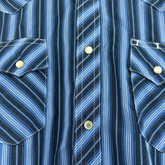 Wrangler Wrancher Shirt Mens L Blue Stripes Pearl Snaps Coastal Western Cowboy - Picture 3 of 5